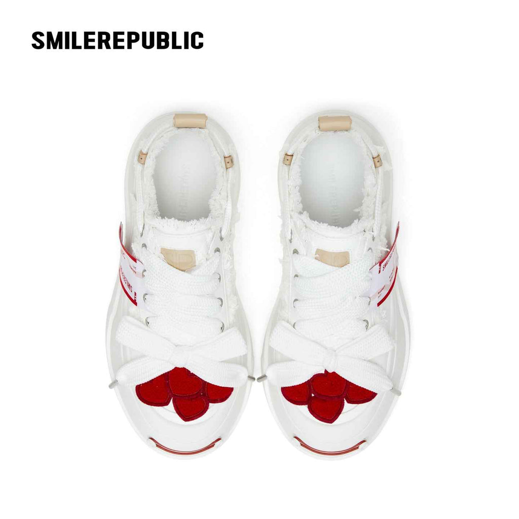 Cream Heart Patch Frayed Low Top Platform Sneakers, Unisex Lace Up Shoes