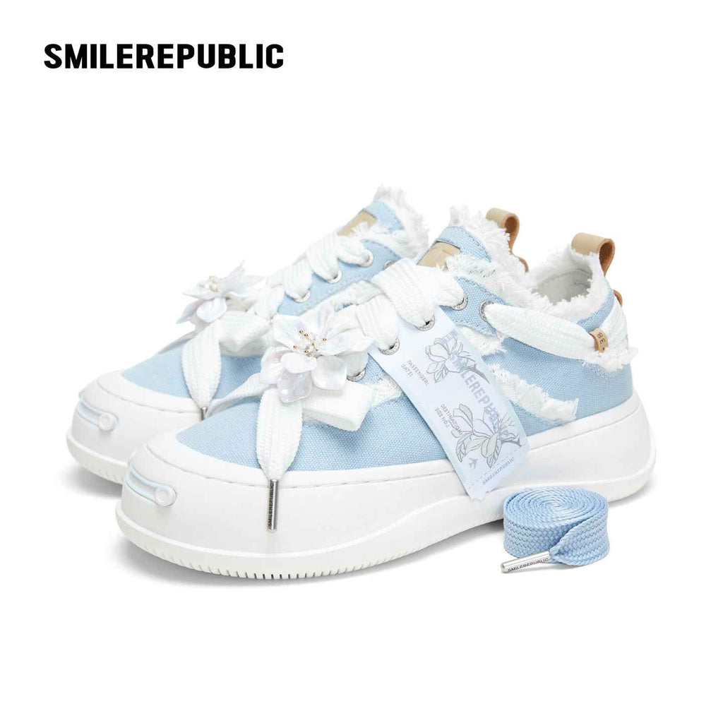 Light Blue Frayed Canvas Smile Toe Platform Sneakers, Unisex Low Top Lace Up