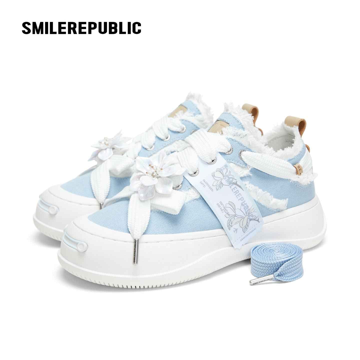 Light Blue Frayed Canvas Smile Toe Platform Sneakers, Unisex Low Top Lace Up