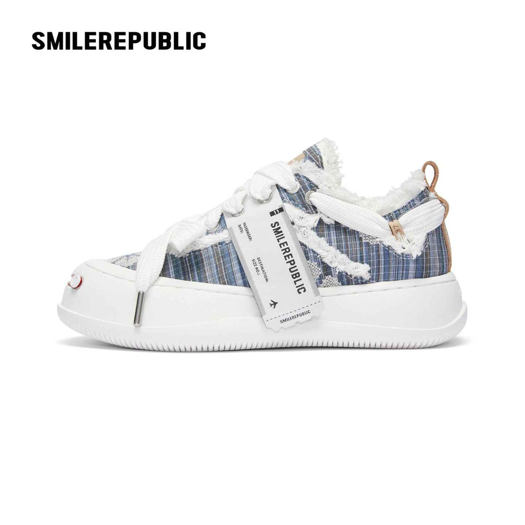 Blue Embroidered Fabric Smile Toe Platform Sneakers, Unisex Low Top Lace Up Shoes
