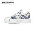 Blue Embroidered Fabric Smile Toe Platform Sneakers, Unisex Low Top Lace Up Shoes