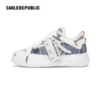 Blue Embroidered Fabric Smile Toe Platform Sneakers, Unisex Low Top Lace Up Shoes