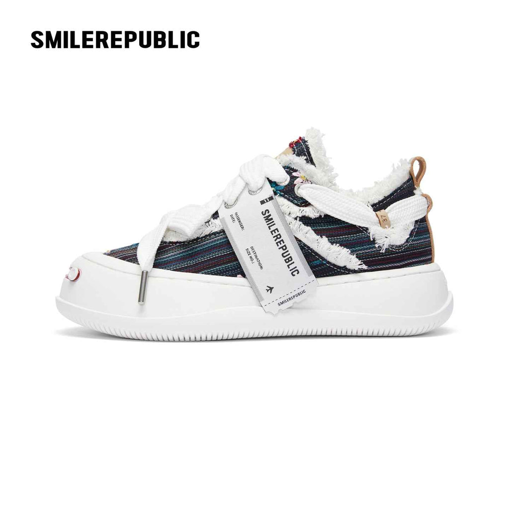 Navy Floral Embroidered Smile Toe Platform Sneakers, Unisex Lace Up Shoes
