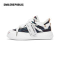 Navy Floral Embroidered Smile Toe Platform Sneakers, Unisex Lace Up Shoes