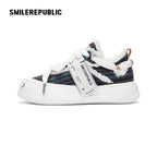 Navy Floral Embroidered Smile Toe Platform Sneakers, Unisex Lace Up Shoes