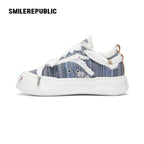 Blue Embroidered Fabric Smile Toe Platform Sneakers, Unisex Low Top Lace Up Shoes