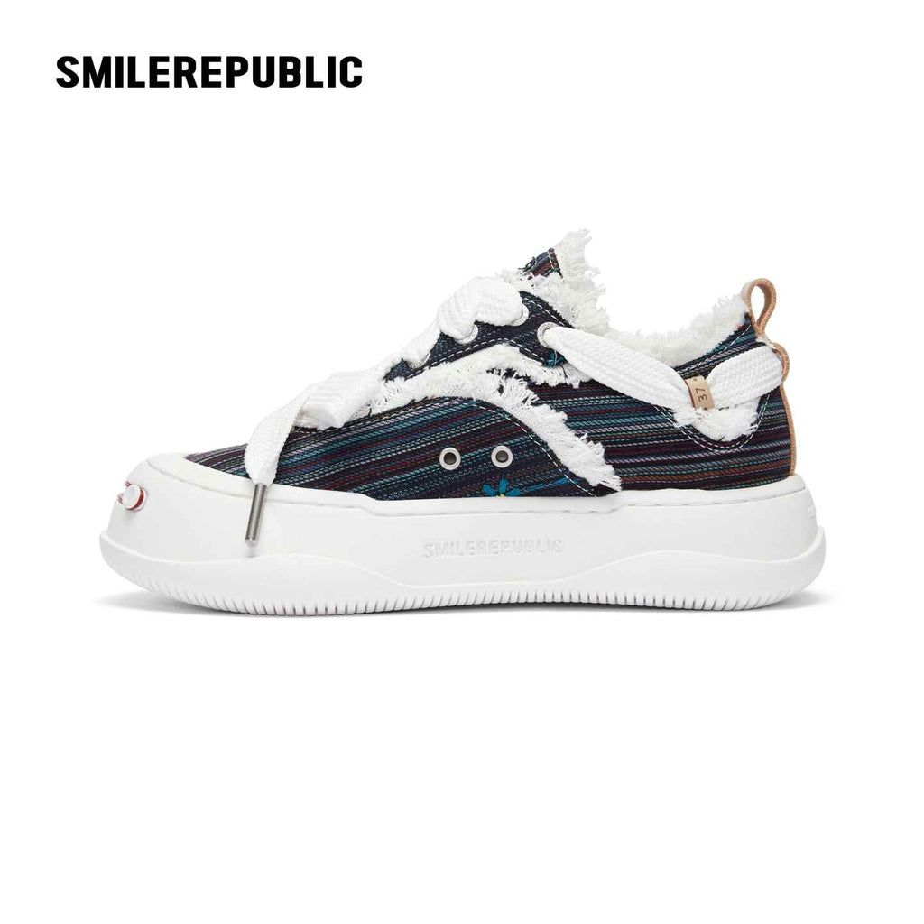 Navy Floral Embroidered Smile Toe Platform Sneakers, Unisex Lace Up Shoes