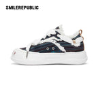 Navy Floral Embroidered Smile Toe Platform Sneakers, Unisex Lace Up Shoes
