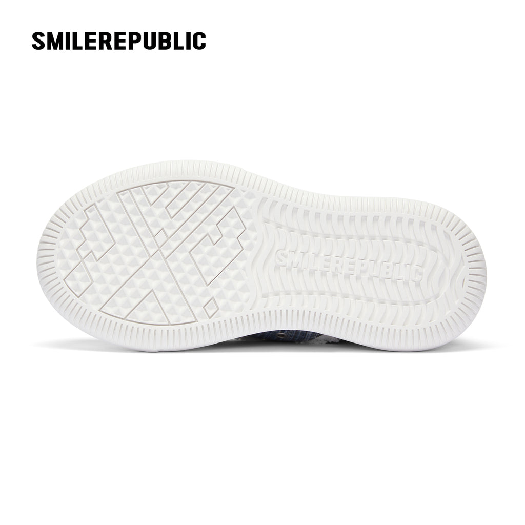Blue Embroidered Fabric Smile Toe Platform Sneakers, Unisex Low Top Lace Up Shoes