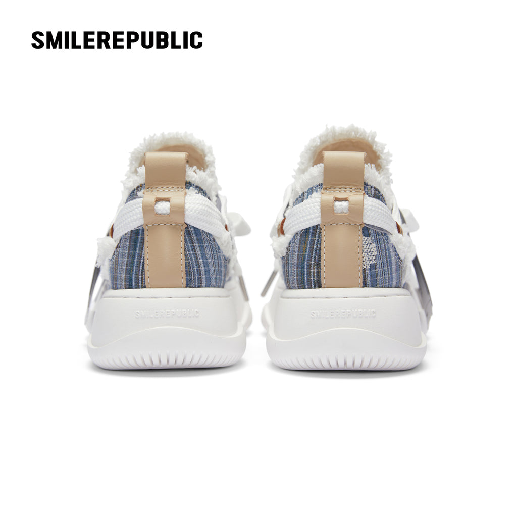 Blue Embroidered Fabric Smile Toe Platform Sneakers, Unisex Low Top Lace Up Shoes