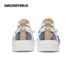 Blue Embroidered Fabric Smile Toe Platform Sneakers, Unisex Low Top Lace Up Shoes - view 7