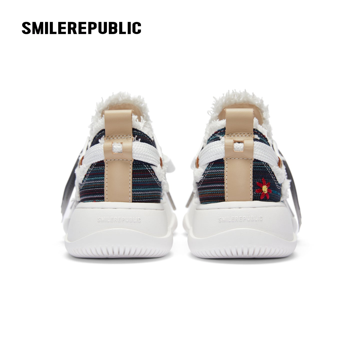 Navy Floral Embroidered Smile Toe Platform Sneakers, Unisex Lace Up Shoes