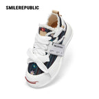 Navy Floral Embroidered Smile Toe Platform Sneakers, Unisex Lace Up Shoes