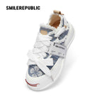 Blue Embroidered Fabric Smile Toe Platform Sneakers, Unisex Low Top Lace Up Shoes