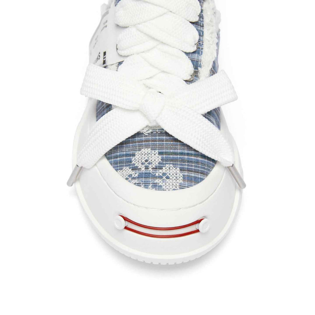Blue Embroidered Fabric Smile Toe Platform Sneakers, Unisex Low Top Lace Up Shoes