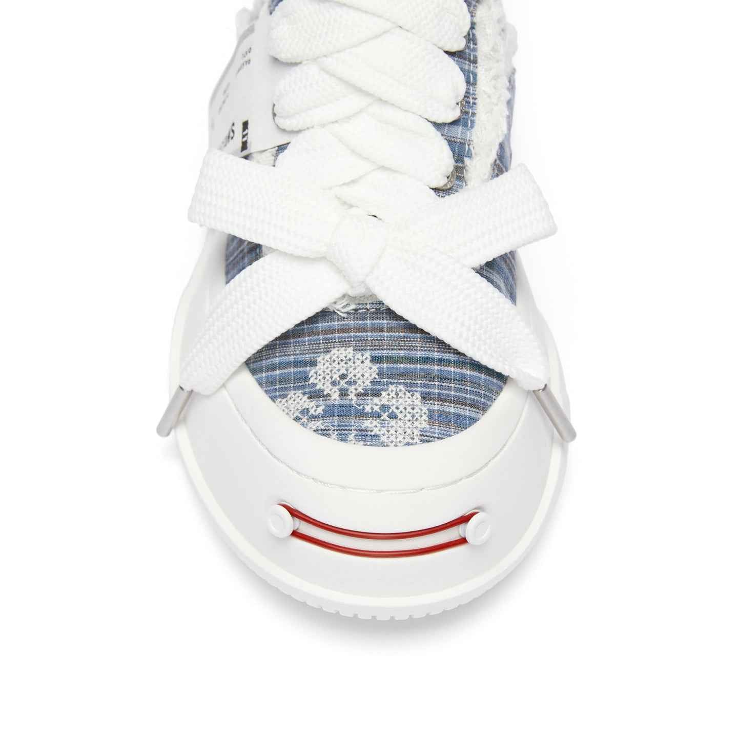 Blue Embroidered Fabric Smile Toe Platform Sneakers, Unisex Low Top Lace Up Shoes