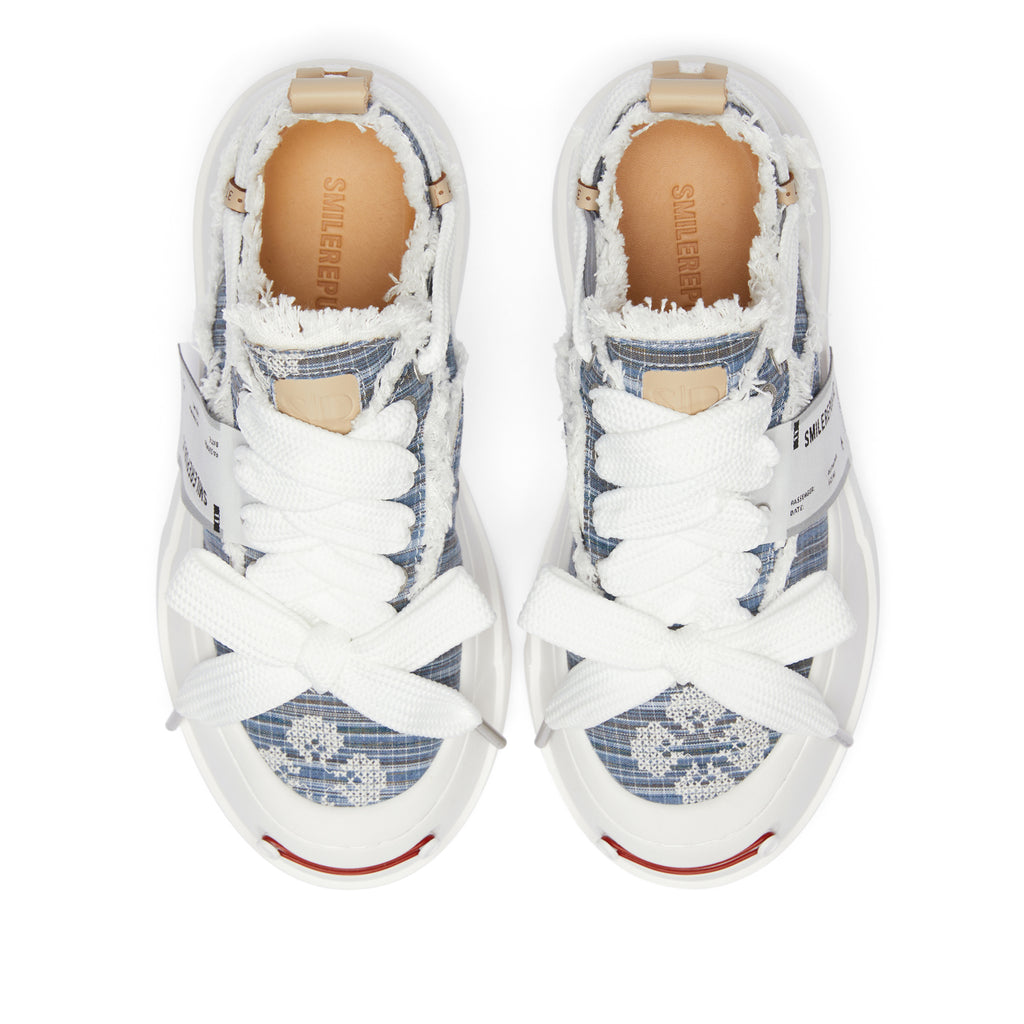 Blue Embroidered Fabric Smile Toe Platform Sneakers, Unisex Low Top Lace Up Shoes