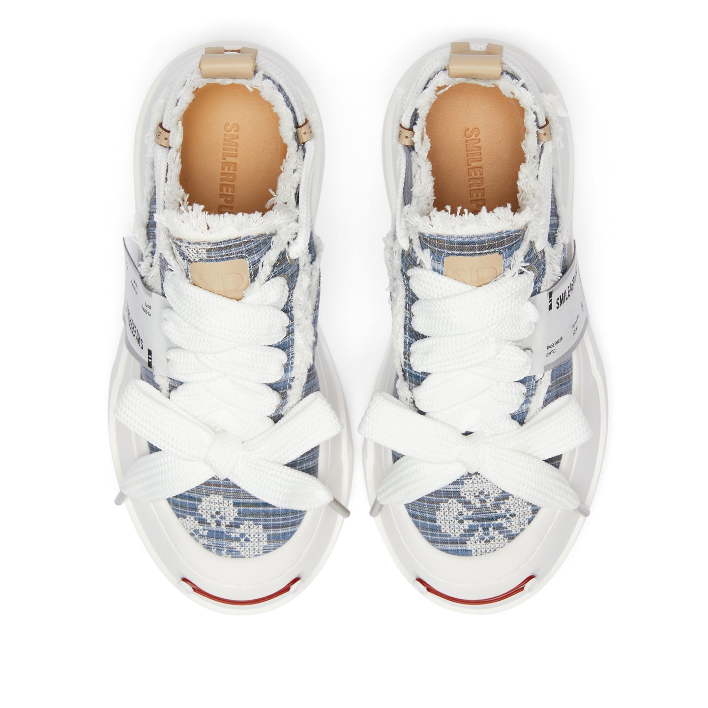 Blue Embroidered Fabric Smile Toe Platform Sneakers, Unisex Low Top Lace Up Shoes
