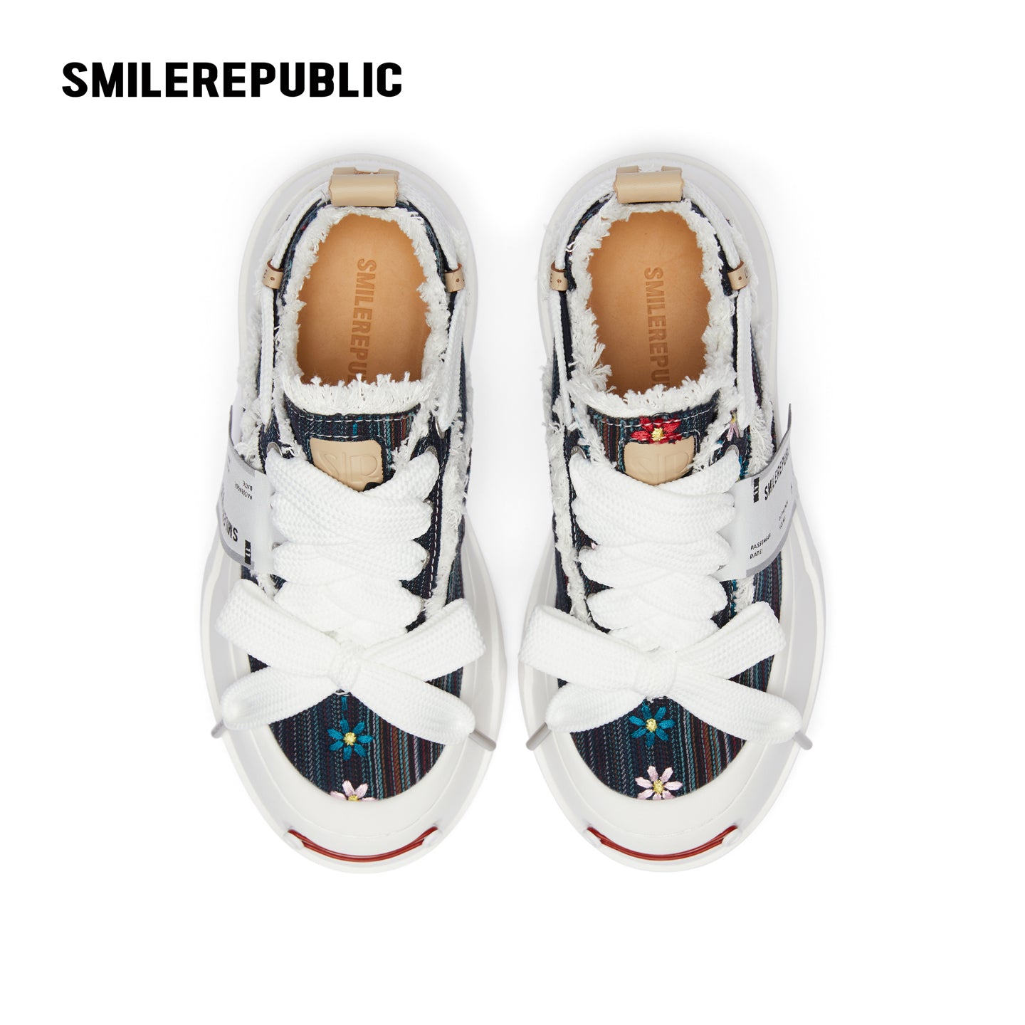 Navy Floral Embroidered Smile Toe Platform Sneakers, Unisex Lace Up Shoes