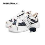 Navy Floral Embroidered Smile Toe Platform Sneakers, Unisex Lace Up Shoes