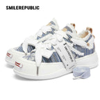 Blue Embroidered Fabric Smile Toe Platform Sneakers, Unisex Low Top Lace Up Shoes