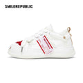 Cream Heart Patch Frayed Low Top Platform Sneakers, Unisex Lace Up Shoes