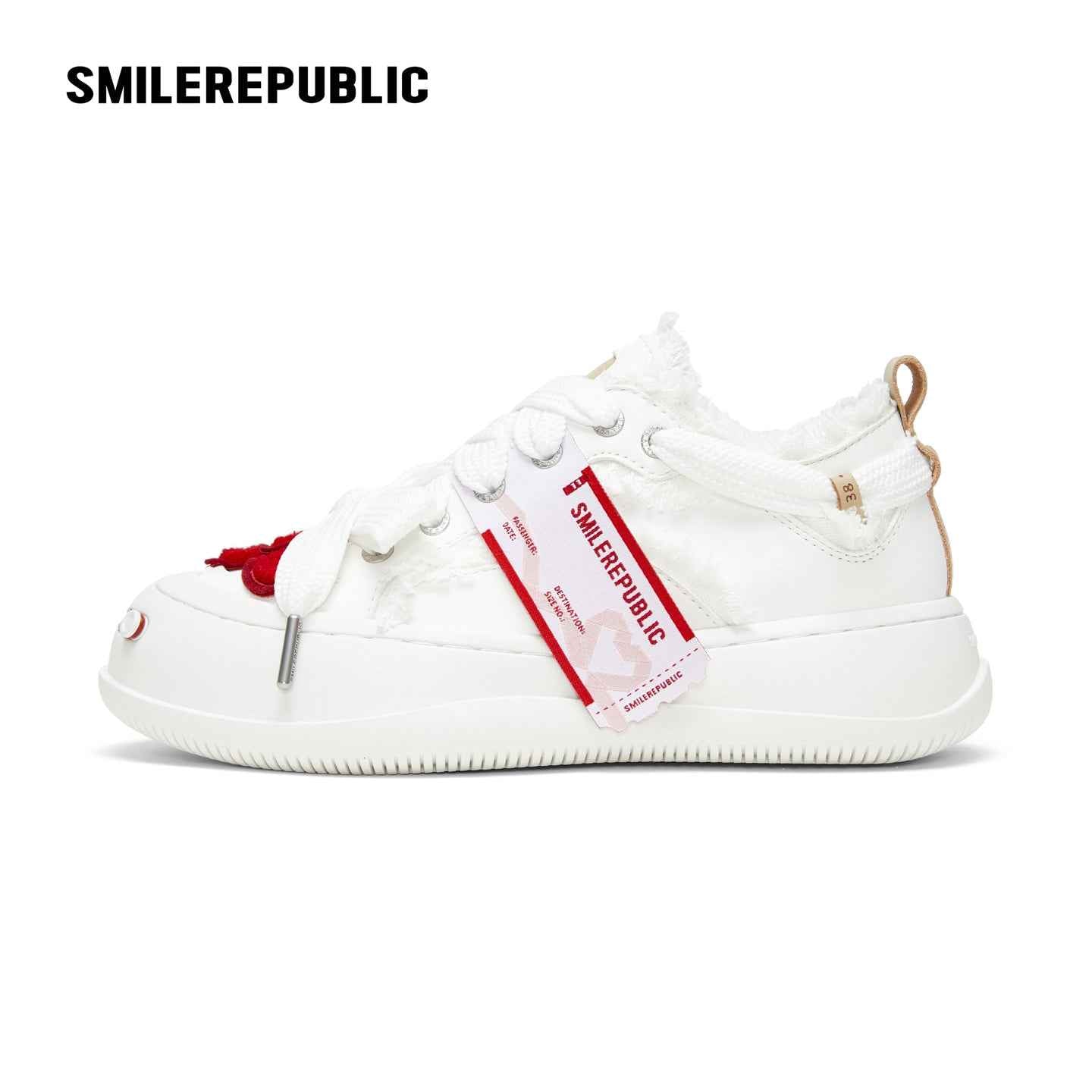 Cream Heart Patch Frayed Low Top Platform Sneakers, Unisex Lace Up Shoes