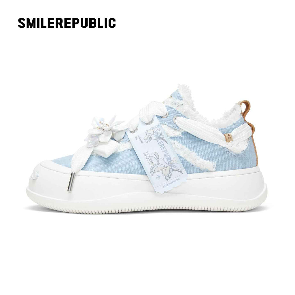 Light Blue Frayed Canvas Smile Toe Platform Sneakers, Unisex Low Top Lace Up
