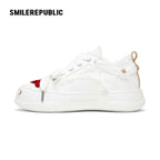 Cream Heart Patch Frayed Low Top Platform Sneakers, Unisex Lace Up Shoes