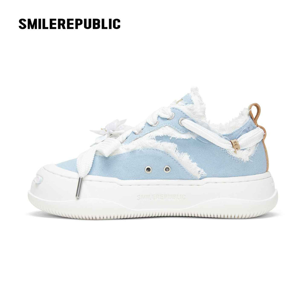 Light Blue Frayed Canvas Smile Toe Platform Sneakers, Unisex Low Top Lace Up