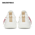 Cream Heart Patch Frayed Low Top Platform Sneakers for Women, Lace Up Smile Toe Casual Shoes