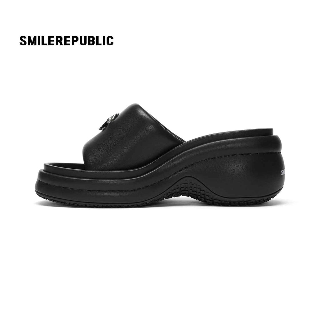 Black 3D Logo Wide Strap Chunky Platform Slide Sandals, Open Toe