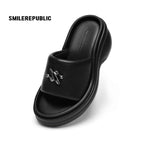 Black 3D Logo Wide Strap Chunky Platform Slide Sandals, Open Toe