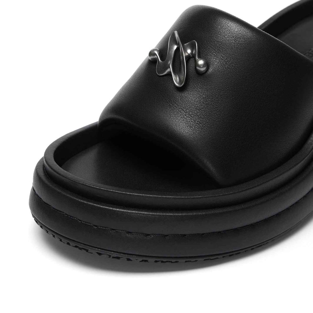Black 3D Logo Wide Strap Chunky Platform Slide Sandals, Open Toe