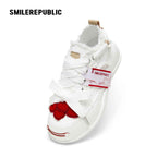Cream Heart Patch Frayed Low Top Platform Sneakers, Unisex Lace Up Shoes