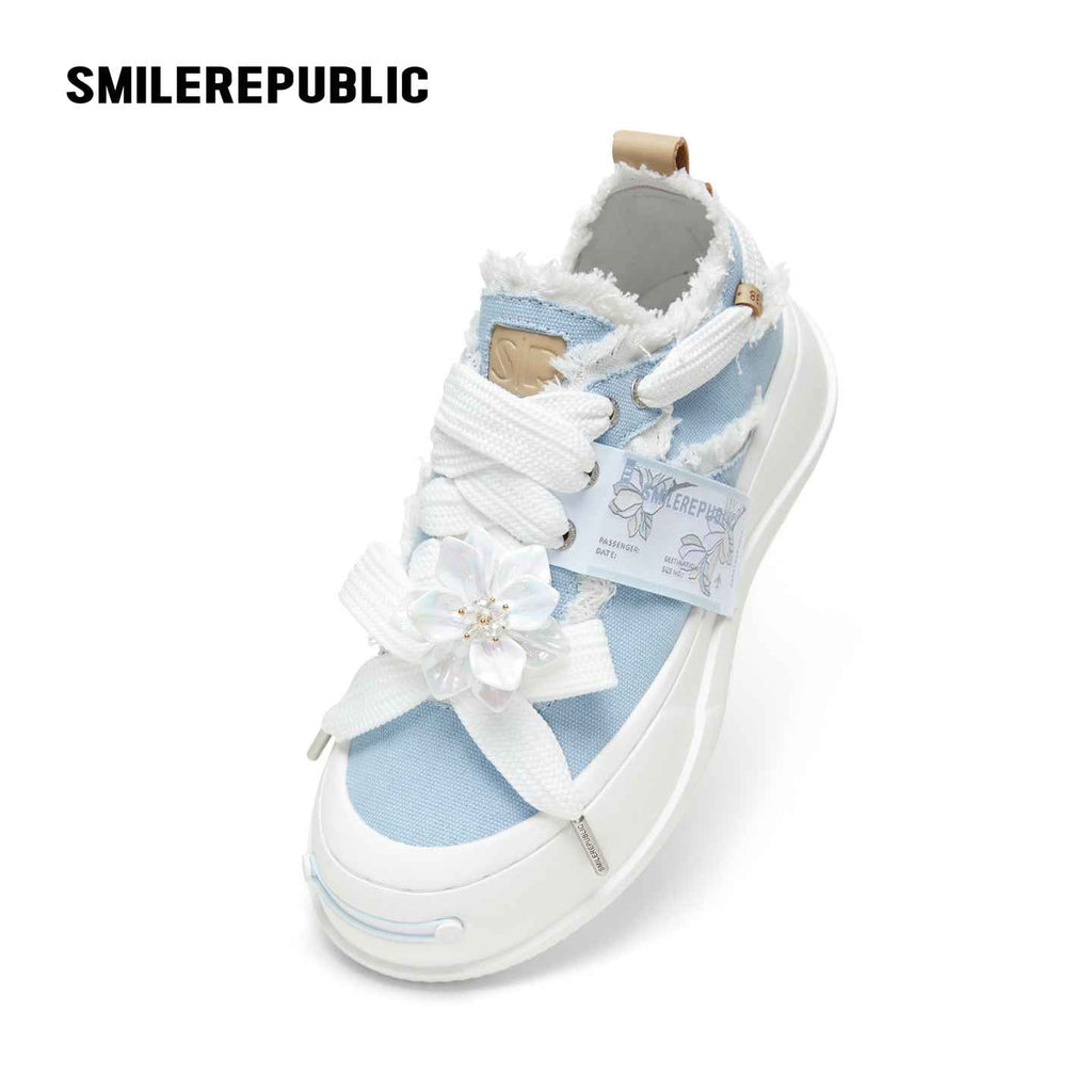 Light Blue Frayed Canvas Smile Toe Platform Sneakers, Unisex Low Top Lace Up
