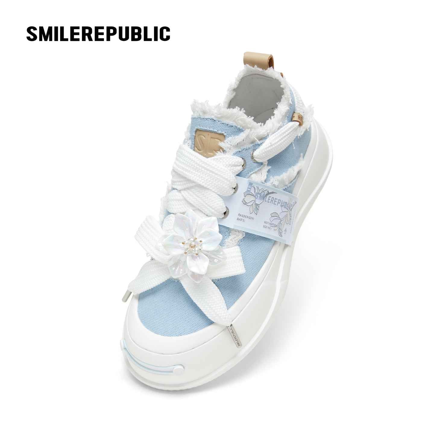 Light Blue Frayed Canvas Smile Toe Platform Sneakers, Unisex Low Top Lace Up