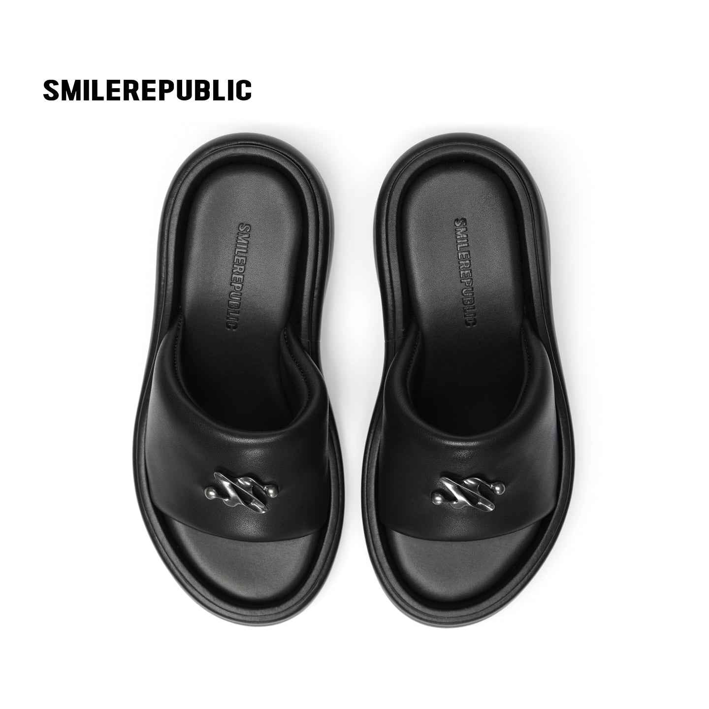 Black 3D Logo Wide Strap Chunky Platform Slide Sandals, Open Toe