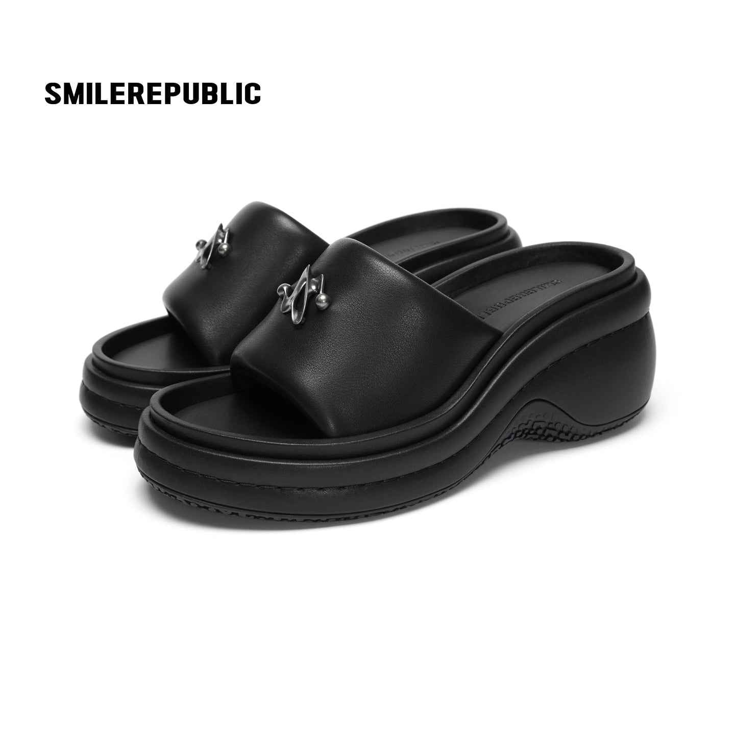 Black 3D Logo Wide Strap Chunky Platform Slide Sandals, Open Toe