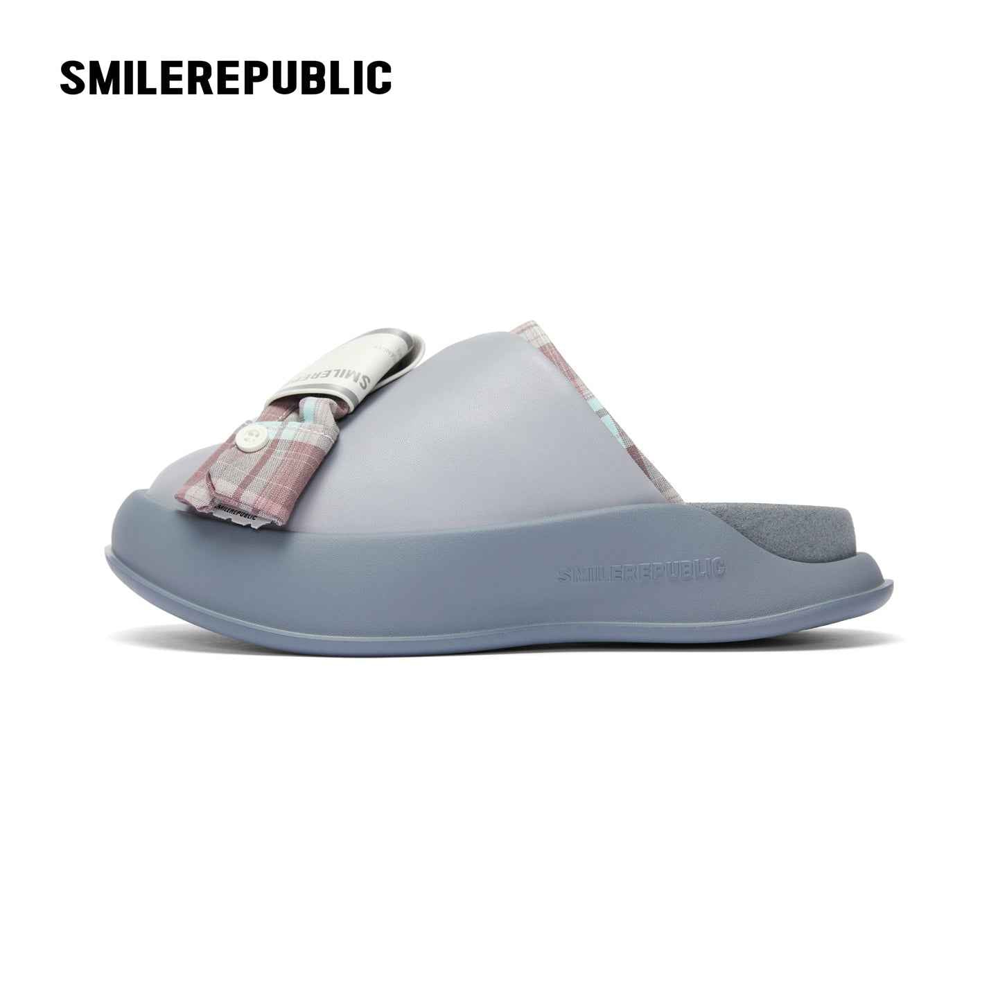 Gray Plaid Bow Platform Slides, Slip On Open Back Sandal Mules