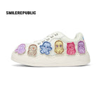 White Cartoon Monster Patch Chunky Sneakers, Unisex Lace Up Shoes