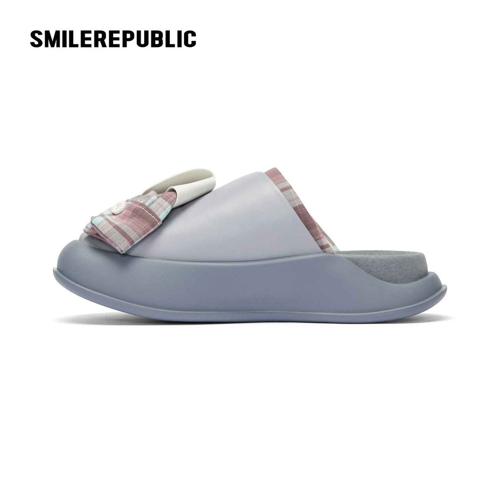 Gray Plaid Bow Platform Slides, Slip On Open Back Sandal Mules
