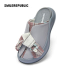 Gray Plaid Bow Platform Slides, Slip On Open Back Sandal Mules