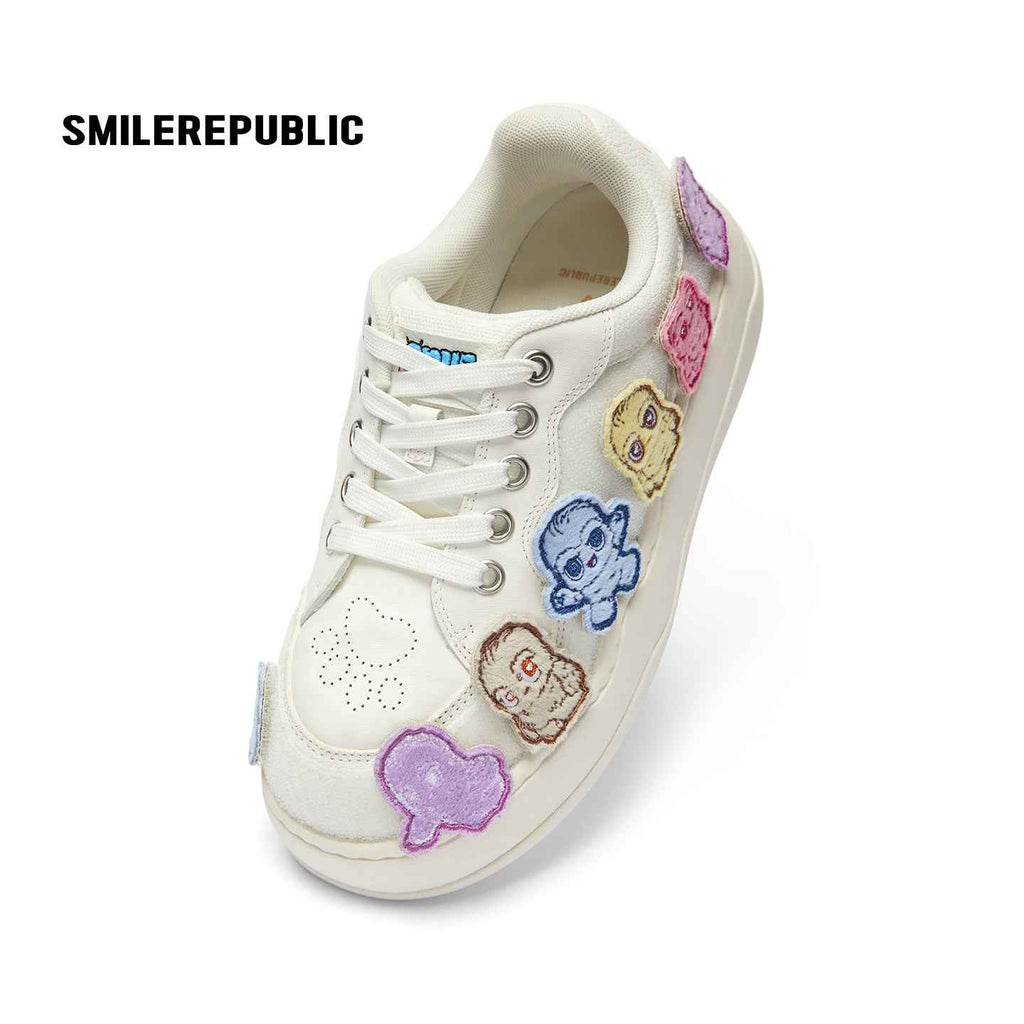 White Cartoon Monster Patch Chunky Sneakers, Unisex Lace Up Shoes