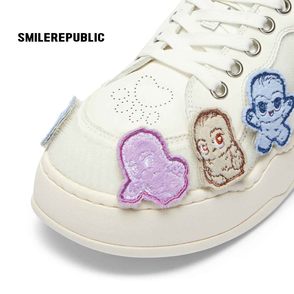 White Cartoon Monster Patch Chunky Sneakers, Unisex Lace Up Shoes