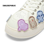 White Cartoon Monster Patch Chunky Sneakers, Unisex Lace Up Shoes