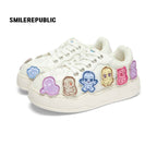 White Cartoon Monster Patch Chunky Sneakers, Unisex Lace Up Shoes