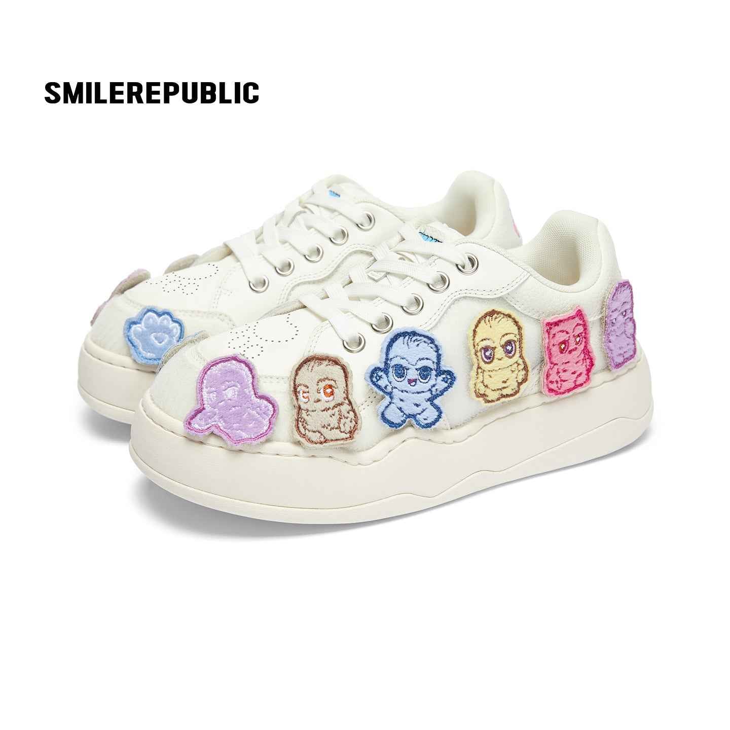 White Cartoon Monster Patch Chunky Sneakers, Unisex Lace Up Shoes