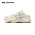 White Frayed Canvas Backless Platform Sneakers with Cream Sole
