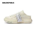 White Frayed Canvas Backless Platform Sneakers with Cream Sole